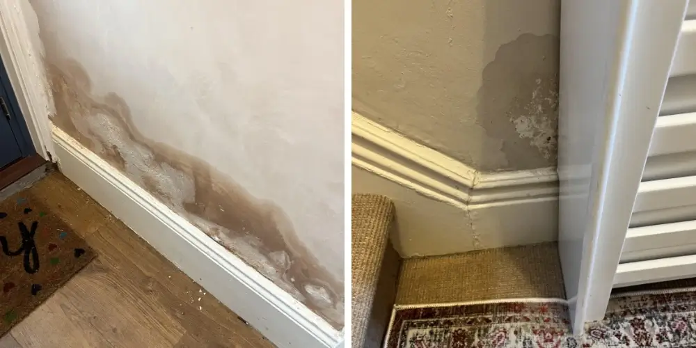 Damp and water‑damaged interior wall requiring insurance repair and reinstatement assessment in an Essex property.